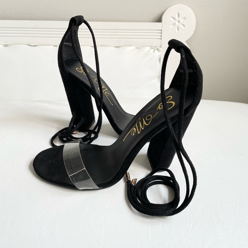 SO ME BLACK FAIX SUEDE BLOCK HEEL OPEN TOE SANDAL ANKLE TIES CLEAR PVC